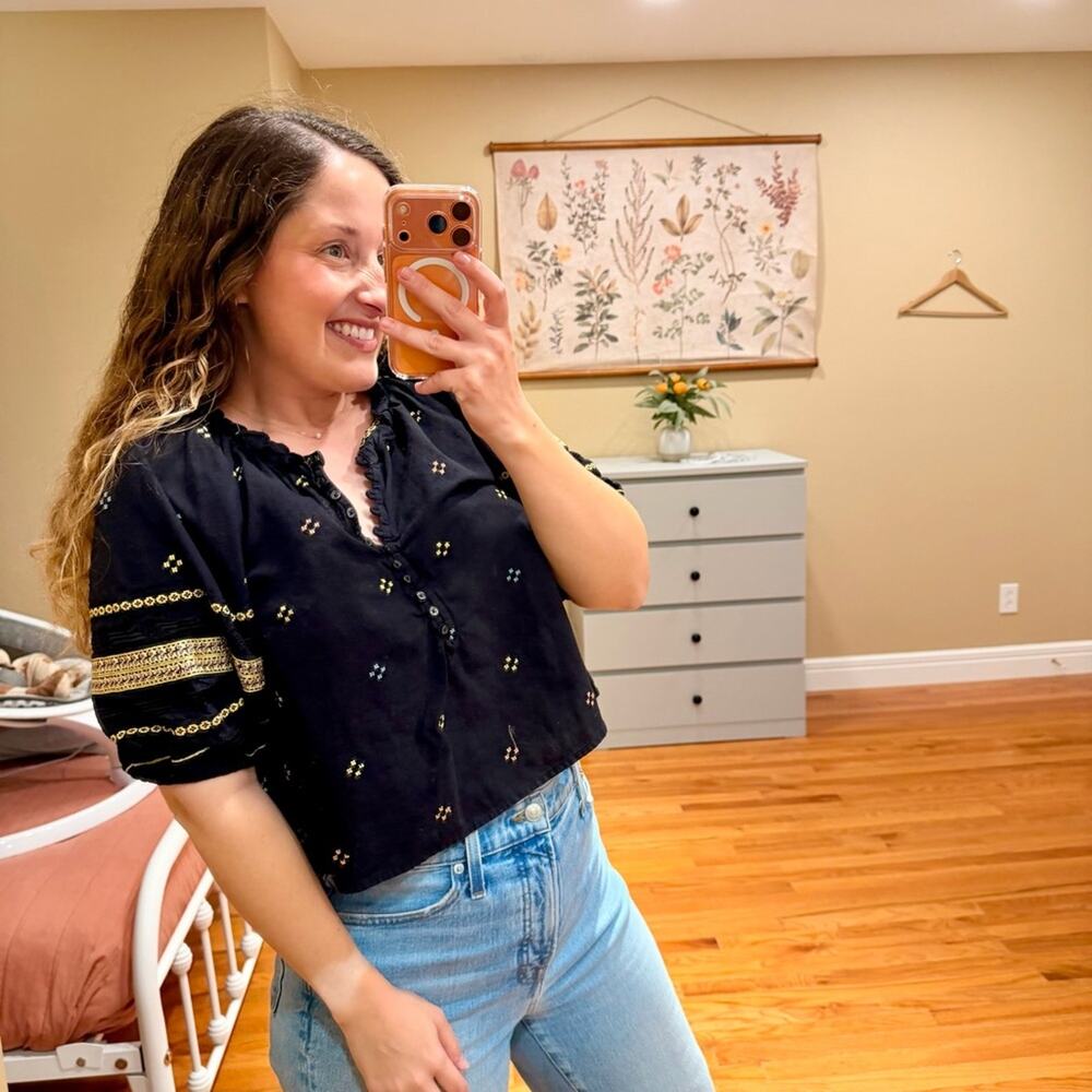 THE GREAT. Black Embroidered Puff Sleeve Blouse Top 0 XS
